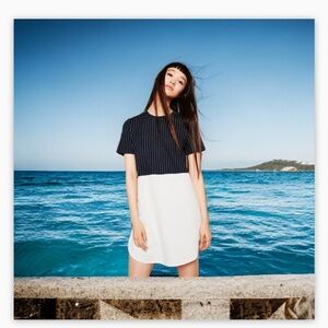 Zara Trafulac Navy Colour Block Stripe Contrast Mix Media Tunic -EUC-Sz S 🍂